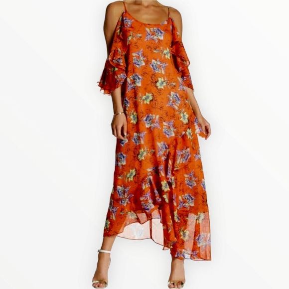 Adelyn Rae Dresses & Skirts - Adelyn Rae Orange Floral Off Shoulder Ruffle Asymmetrical Hem Dress size XS